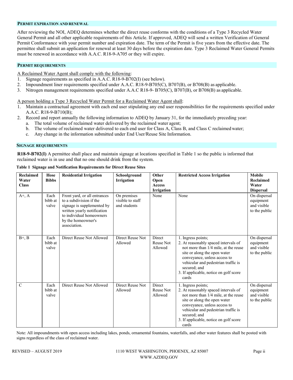 Notice of Intent (Noi) for a Type 3 Recycled Water General Permit Reclaimed Water Agent - Arizona, Page 2