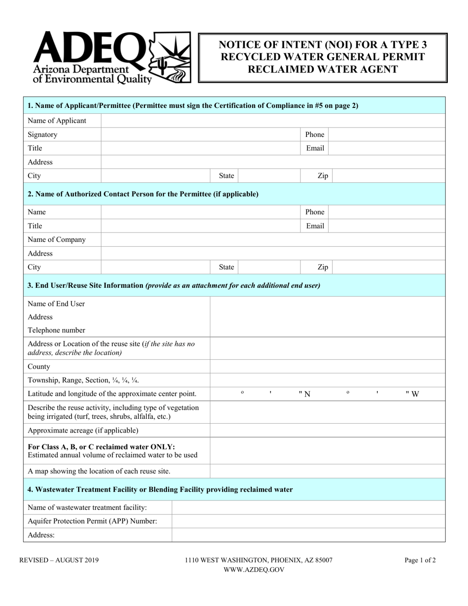 Notice of Intent (Noi) for a Type 3 Recycled Water General Permit Reclaimed Water Agent - Arizona, Page 3