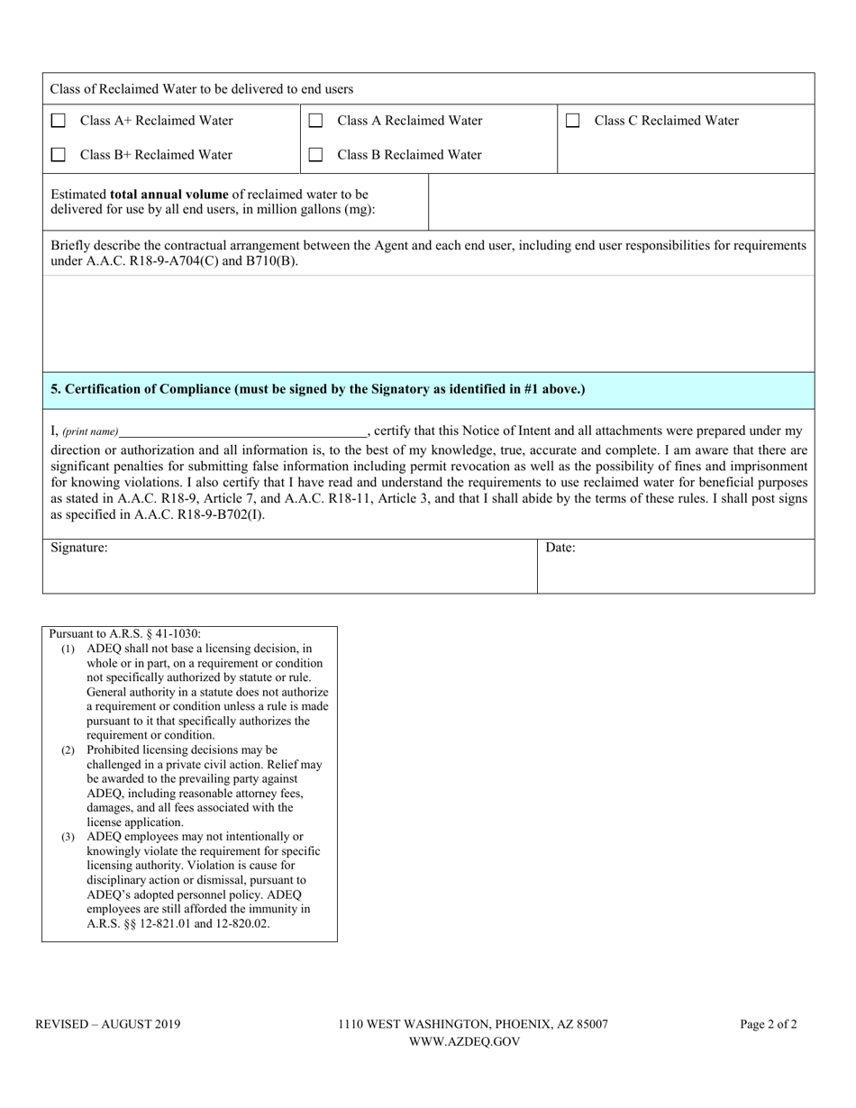 Notice of Intent (Noi) for a Type 3 Recycled Water General Permit Reclaimed Water Agent - Arizona, Page 4