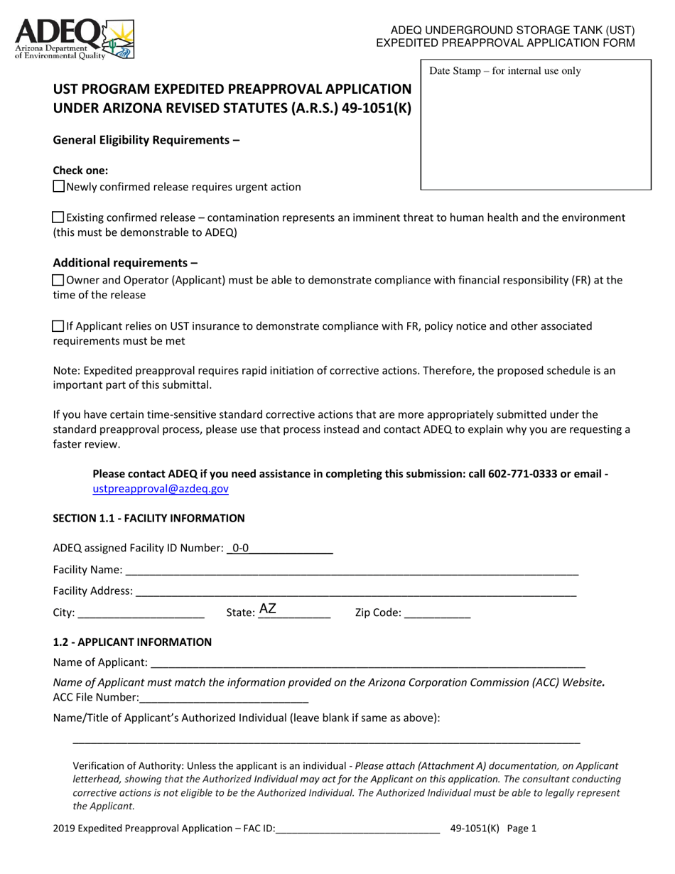 Ust Program Expedited Preapproval Application Under Arizona Revised Statutes (A.r.s.) 49-1051(K) - Arizona, Page 1