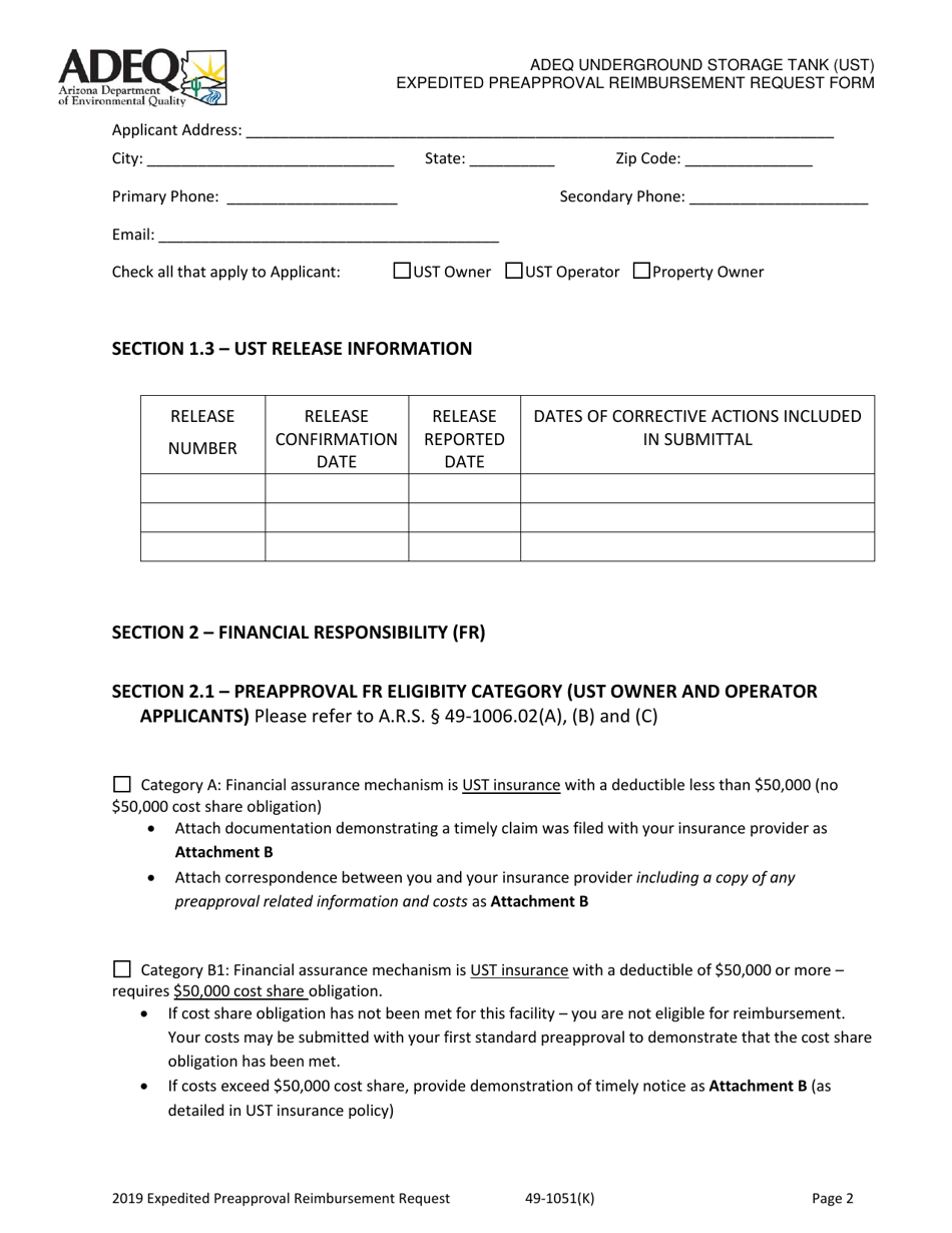 Ust Program Expedited Preapproval Reimbursement Request Under Arizona Revised Statutes (A.r.s.) 49-1051(K) - Arizona, Page 2