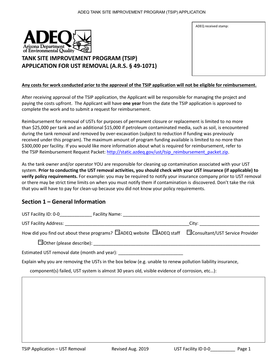 Tank Site Improvement Program (Tsip) Application for Ust Removal (A.r.s. Section 49-1071) - Arizona, Page 1