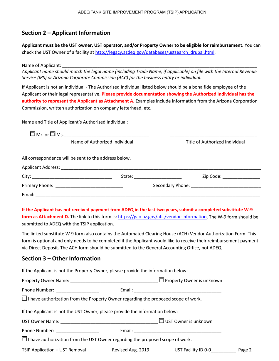 Tank Site Improvement Program (Tsip) Application for Ust Removal (A.r.s. Section 49-1071) - Arizona, Page 2