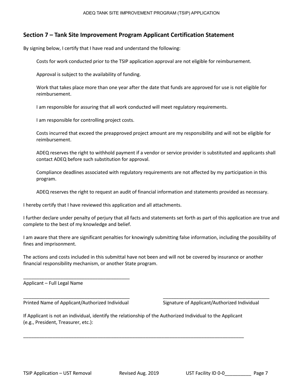 Tank Site Improvement Program (Tsip) Application for Ust Removal (A.r.s. Section 49-1071) - Arizona, Page 7