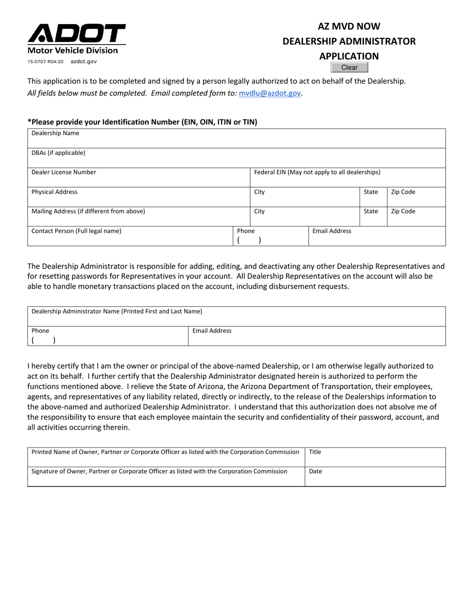 Form 15-0707 Dealership Administrator Application - Arizona, Page 1
