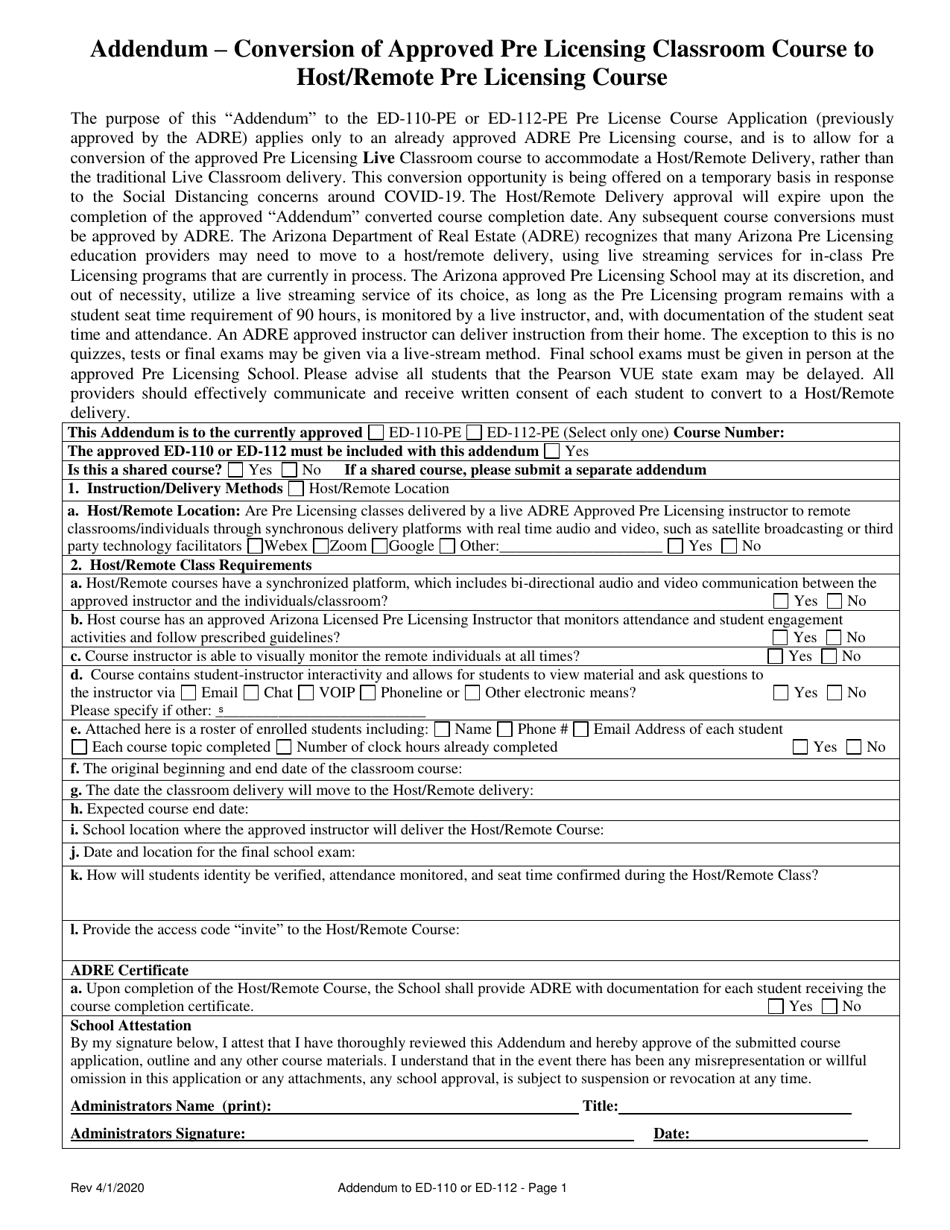 Form ED-110 (ED-112) Conversion of Approved Pre Licensing Classroom Course to Host / Remote Pre Licensing Course - Arizona, Page 1