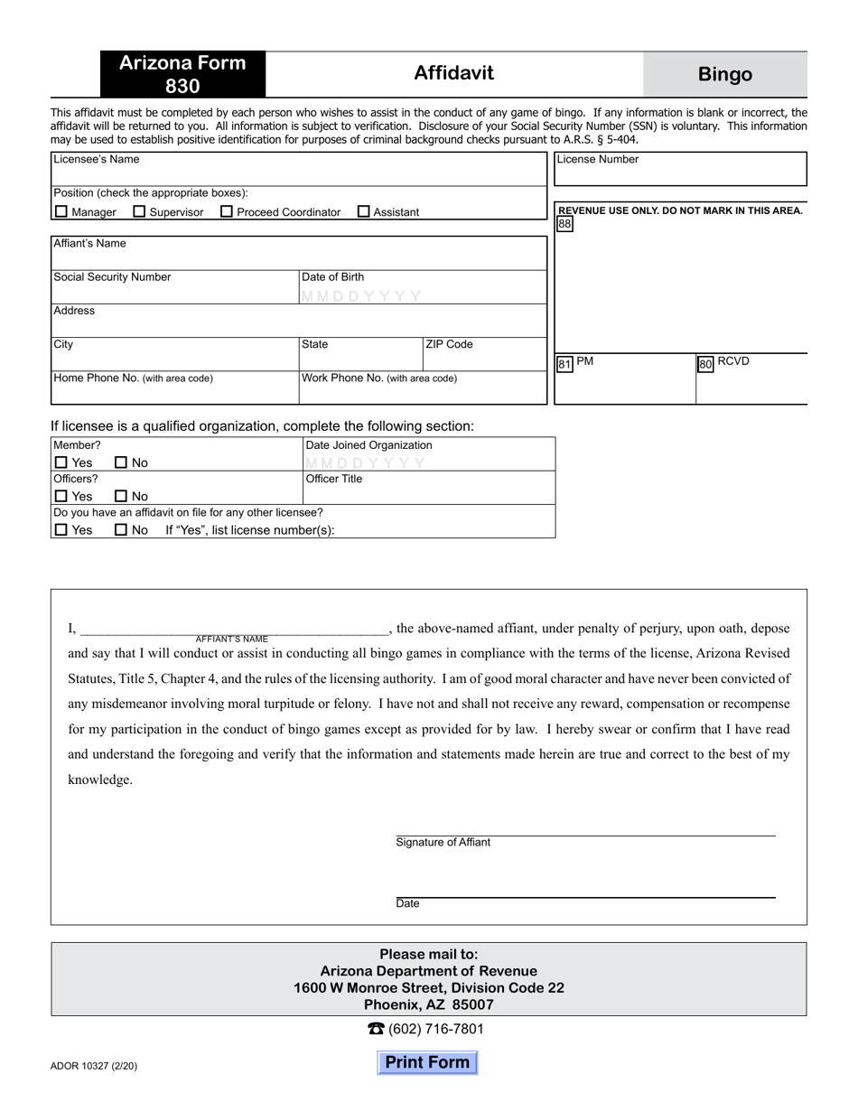 Arizona Form 830 (ADOR10327) Bingo Affidavit - Arizona, Page 1