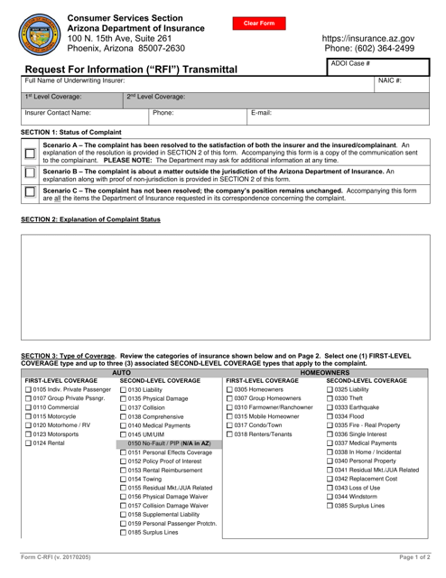 Form C-RFI Request for Information ("rfi") Transmittal - Arizona