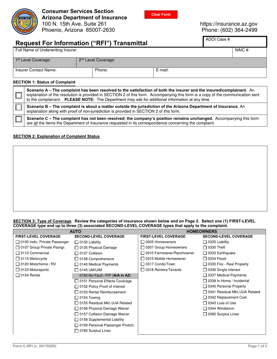 Form C-RFI Request for Information (rfi) Transmittal - Arizona, Page 1