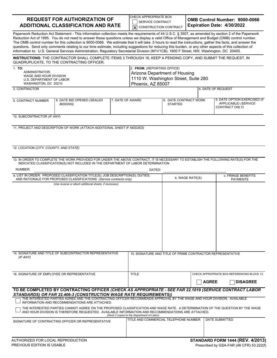 Form SF-1444 Request for Authorization of Additional Classification and Rate - Arizona, Page 1