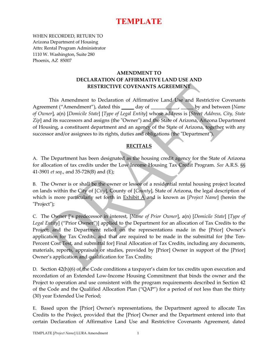 Amendment to Declaration of Affirmative Land Use and Restrictive Covenants Agreement - Arizona, Page 1
