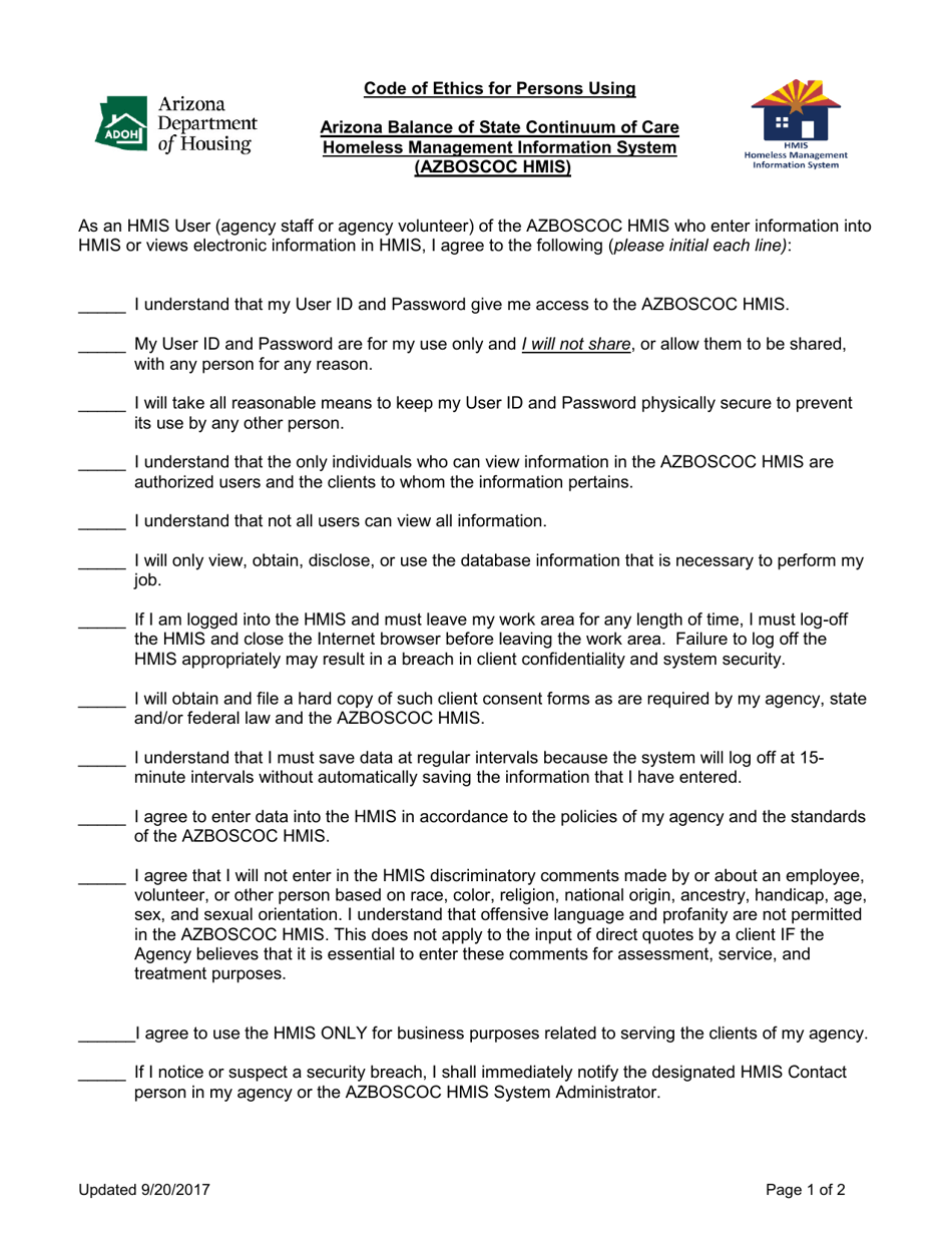 Code of Ethics for Persons Using Arizona Balance of State Continuum of Care Homeless Management Information System (Azboscoc Hmis) - Arizona, Page 1