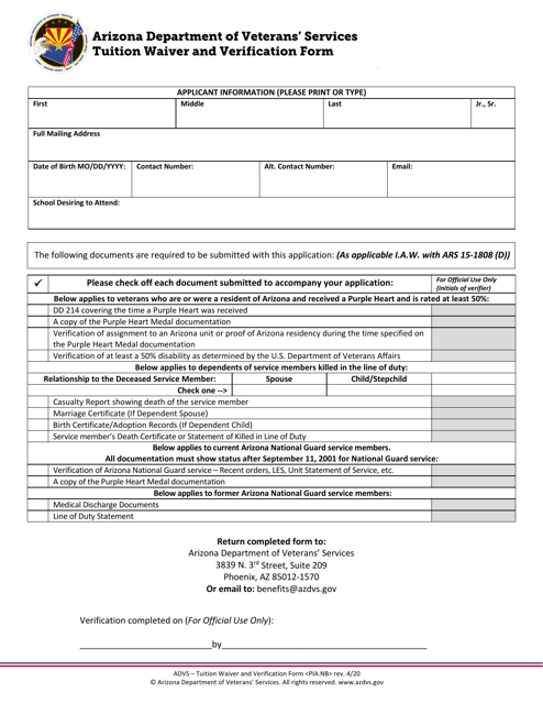 Tuition Waiver and Verification Form - Arizona Download Pdf