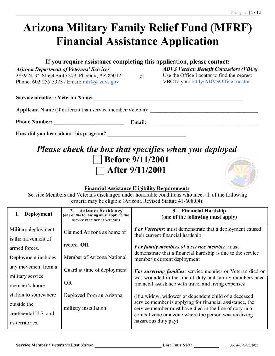 Arizona Military Family Relief Fund (Mfrf) Financial Assistance Application - Arizona, Page 1