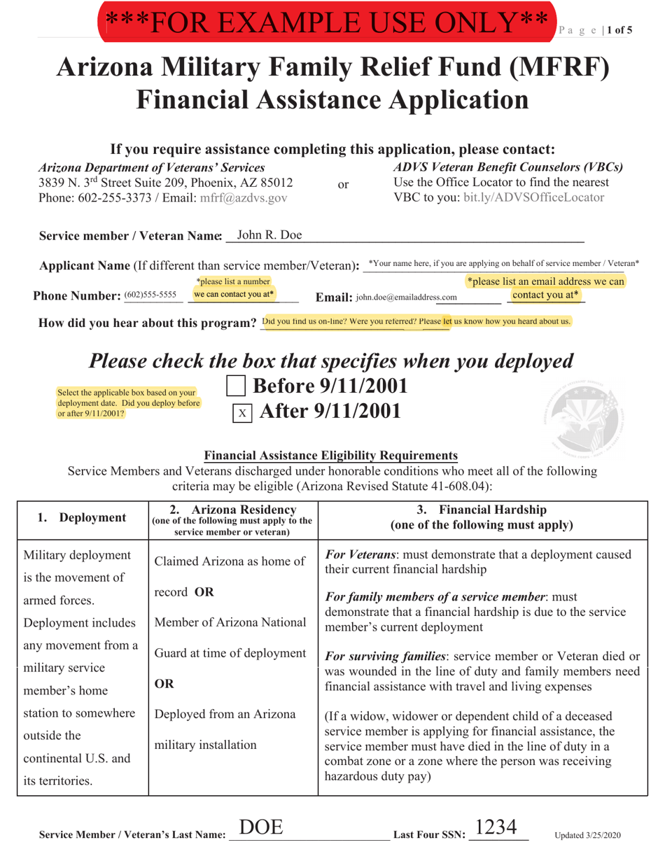 Sample Arizona Military Family Relief Fund (Mfrf) Financial Assistance Application - Arizona, Page 1
