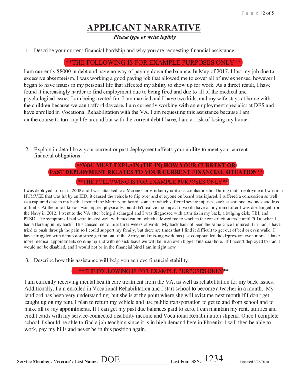 Sample Arizona Military Family Relief Fund (Mfrf) Financial Assistance Application - Arizona, Page 2
