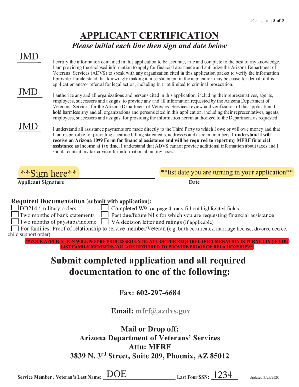Sample Arizona Military Family Relief Fund (Mfrf) Financial Assistance Application - Arizona, Page 5