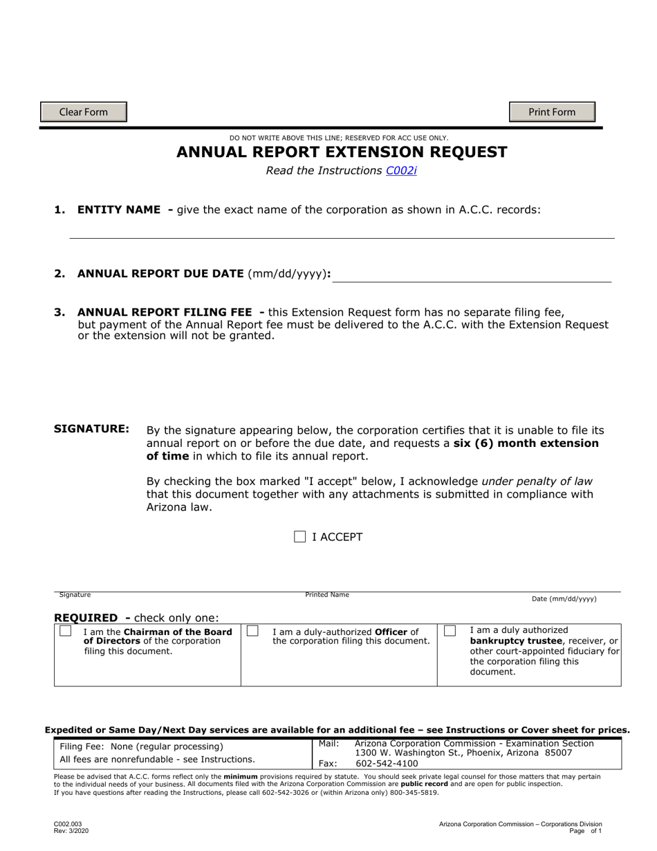 Form C002.003 Annual Report Extension Request - Arizona, Page 1