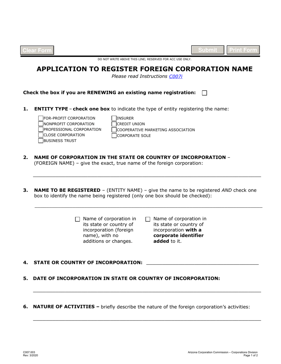 Form C007.003 Application to Register Foreign Corporation Name - Arizona, Page 1