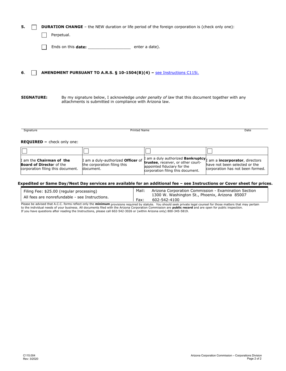 Form C115.004 Articles of Amendment to Application for Authority - Arizona, Page 2