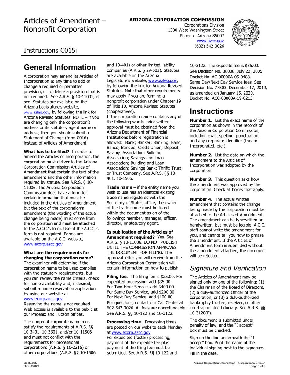 Instructions for Form C015.003 Articles of Amendment Nonprofit Corporation - Arizona, Page 1