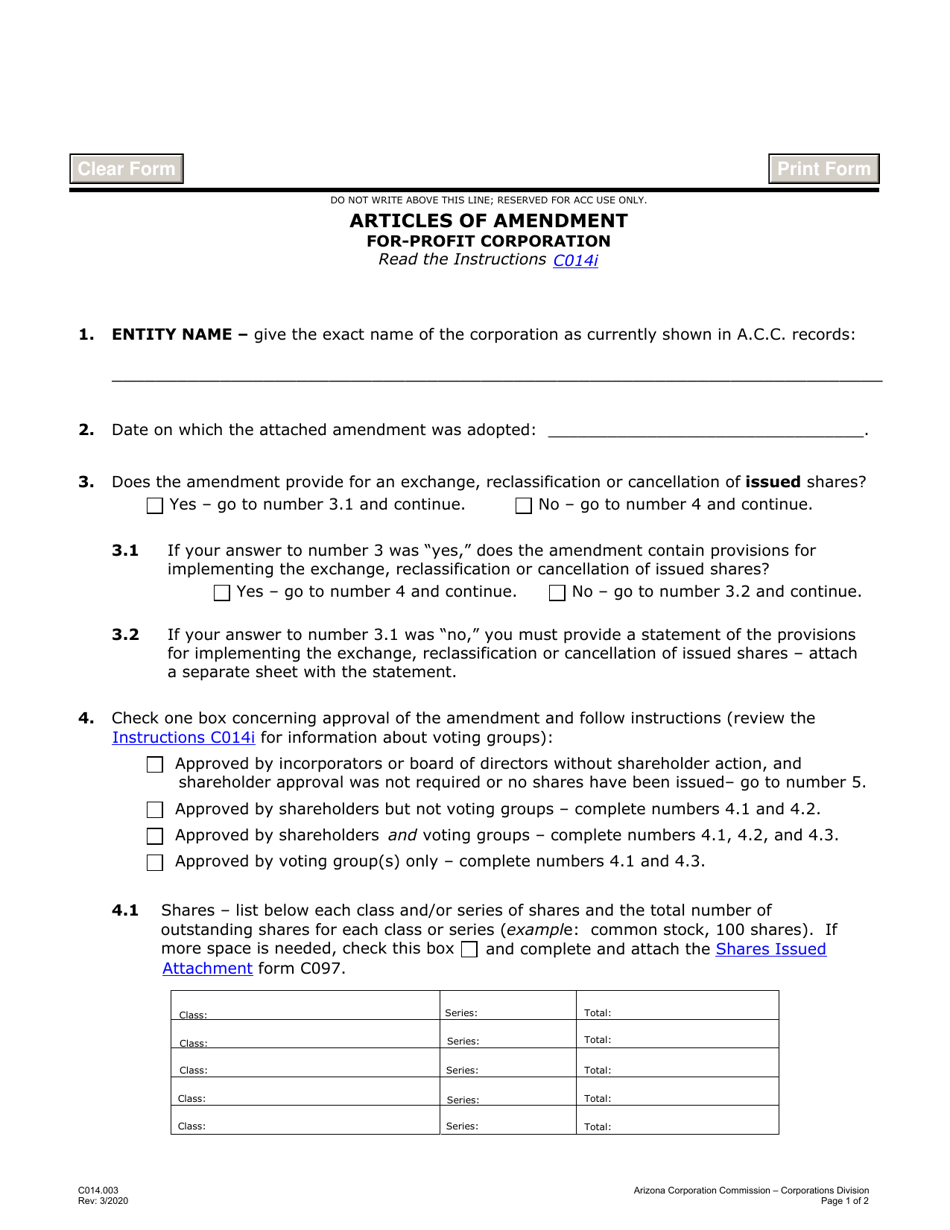 Form C014.003 Articles of Amendment for-Profit Corporation - Arizona, Page 1