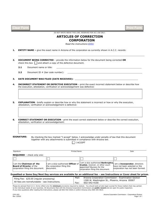 Form C031.003 Articles of Correction Corporation - Arizona
