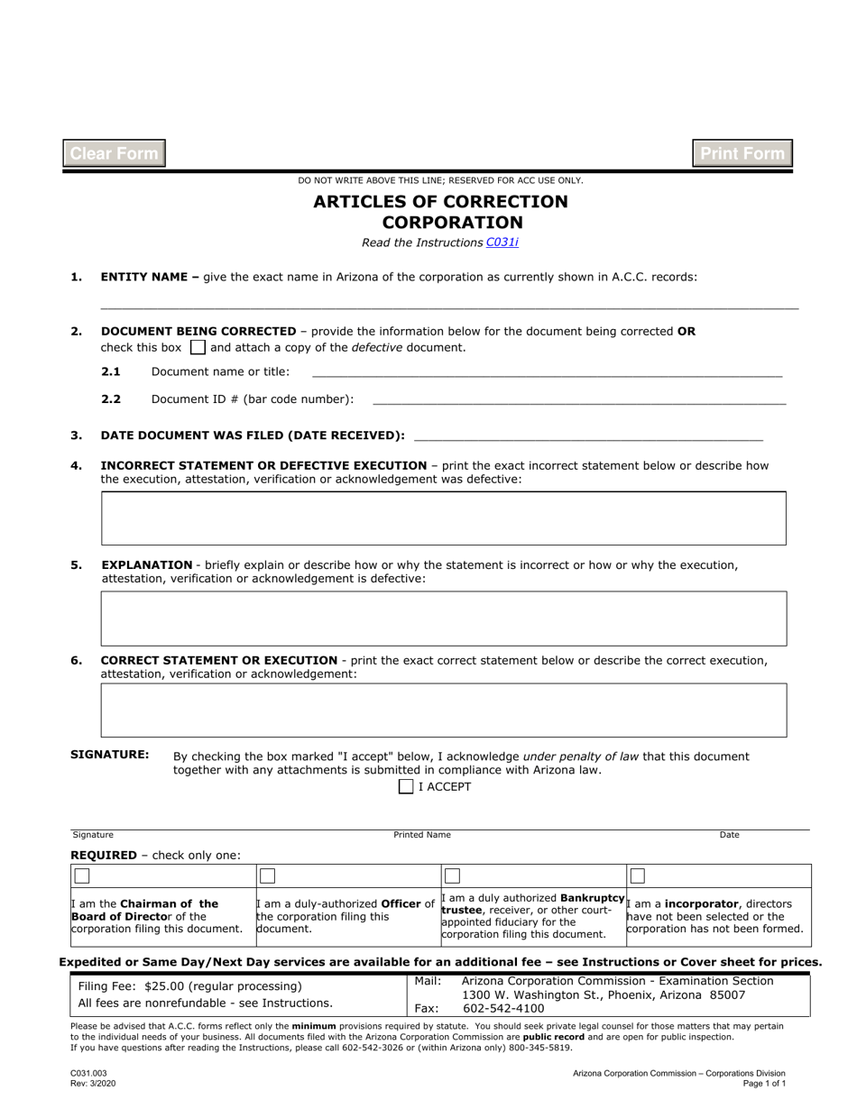 Form C031.003 Articles of Correction Corporation - Arizona, Page 1
