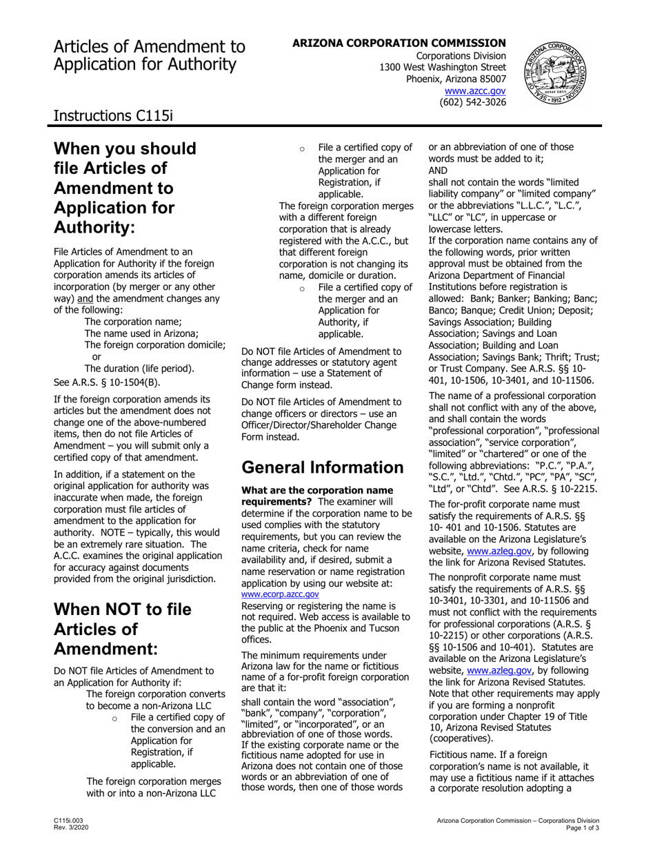Instructions for Form C115.004 Articles of Amendment to Application for Authority - Arizona, Page 1