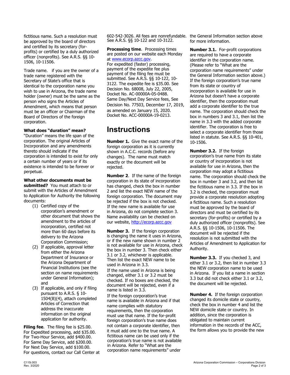 Instructions for Form C115.004 Articles of Amendment to Application for Authority - Arizona, Page 2