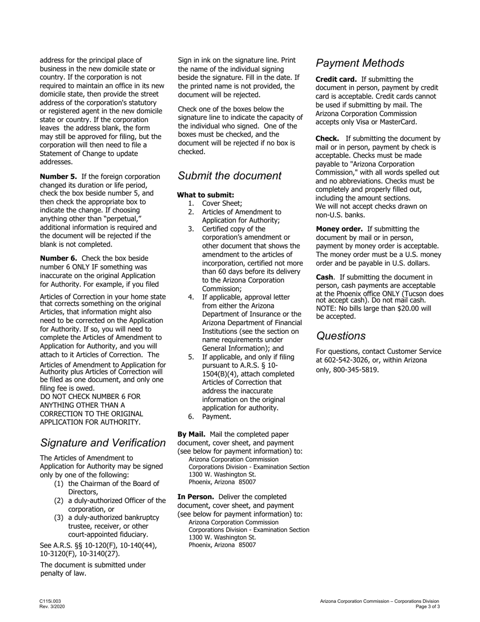 Instructions for Form C115.004 Articles of Amendment to Application for Authority - Arizona, Page 3
