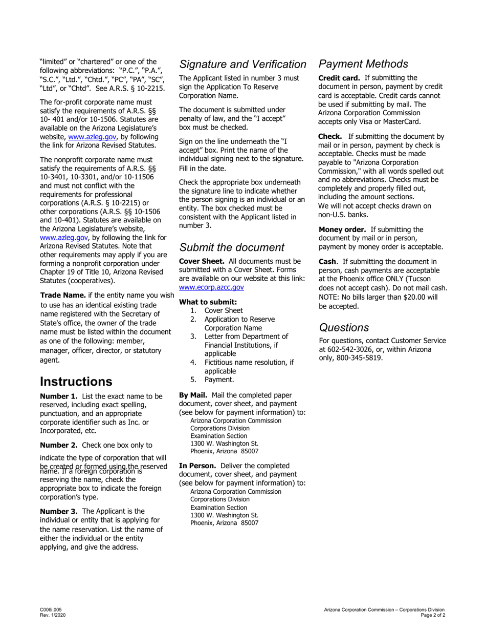 Instructions for Form C006.003 Application to Reserve Corporation Name - Arizona, Page 2