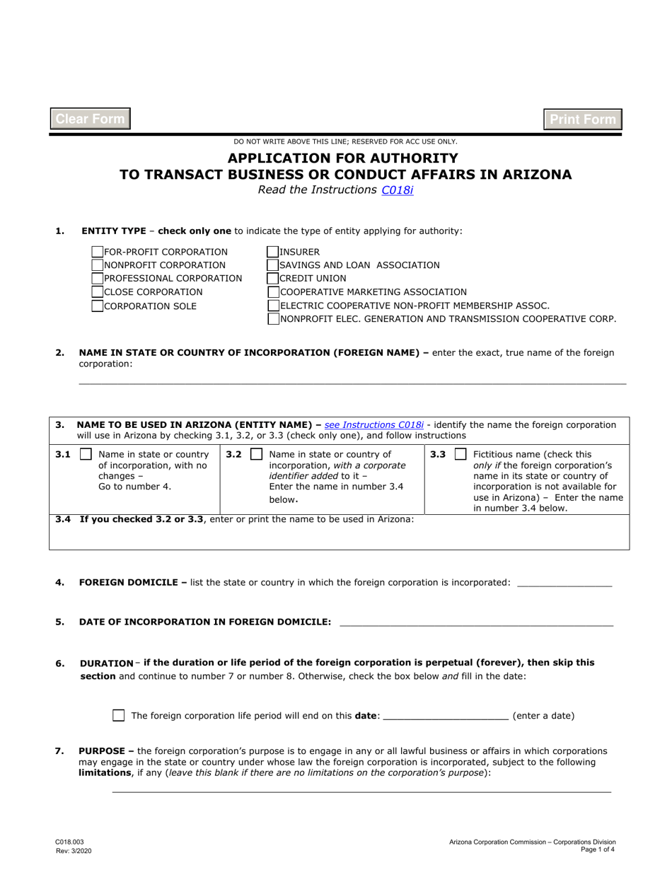Form C018.003 Application for Authority to Transact Business or Conduct Affairs in Arizona - Arizona, Page 1