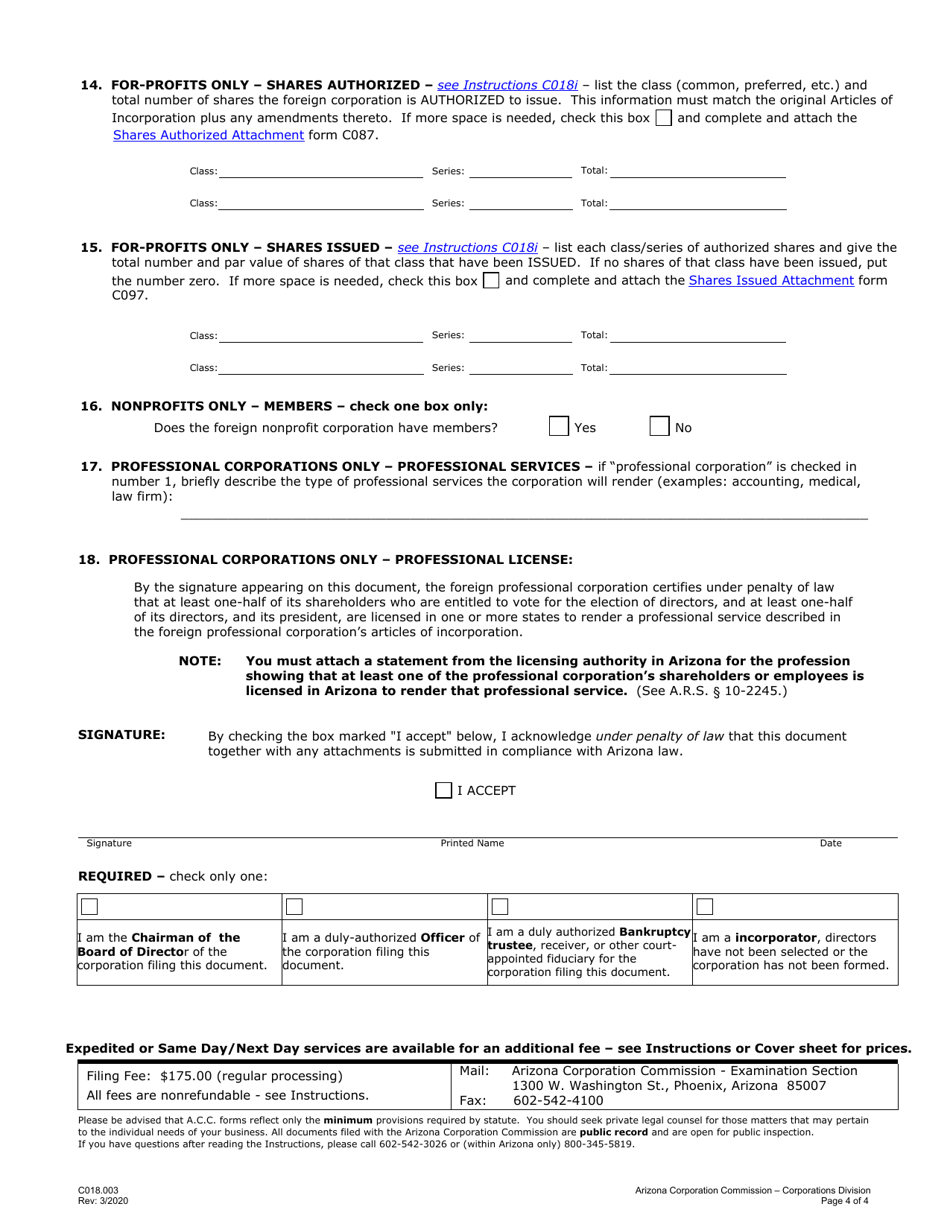 Form C018.003 Application for Authority to Transact Business or Conduct Affairs in Arizona - Arizona, Page 4