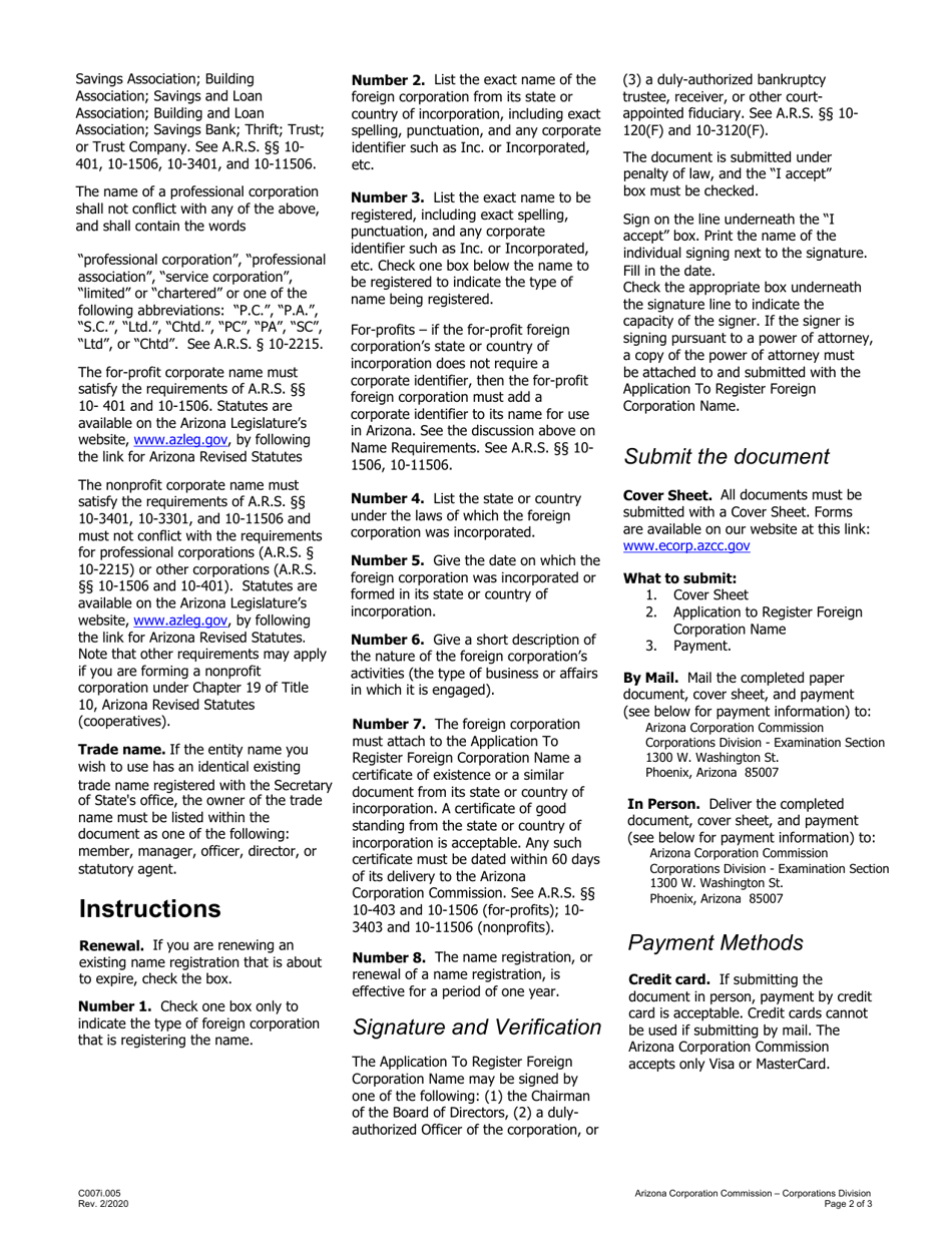 Instructions for Form C007.003 Application to Register Foreign Corporation Name - Arizona, Page 2