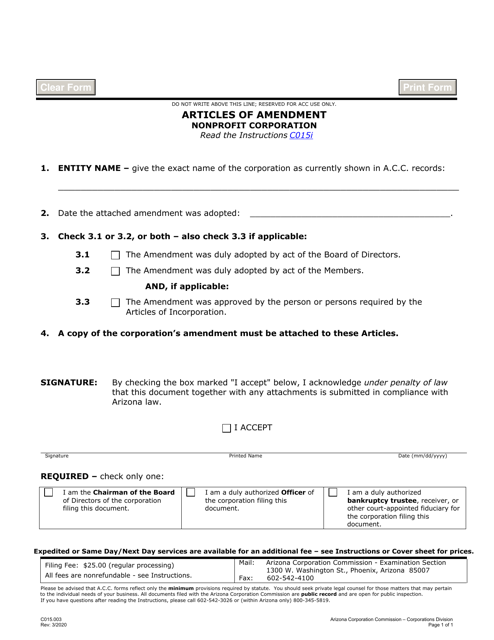 Form C015.003 Articles of Amendment Nonprofit Corporation - Arizona