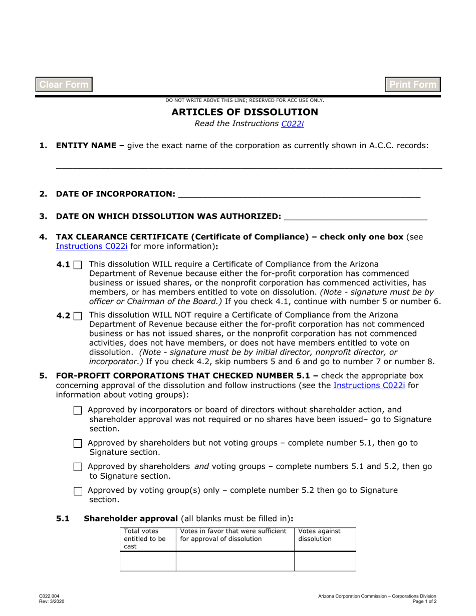 Form C022.004 Articles of Dissolution - Arizona, Page 1
