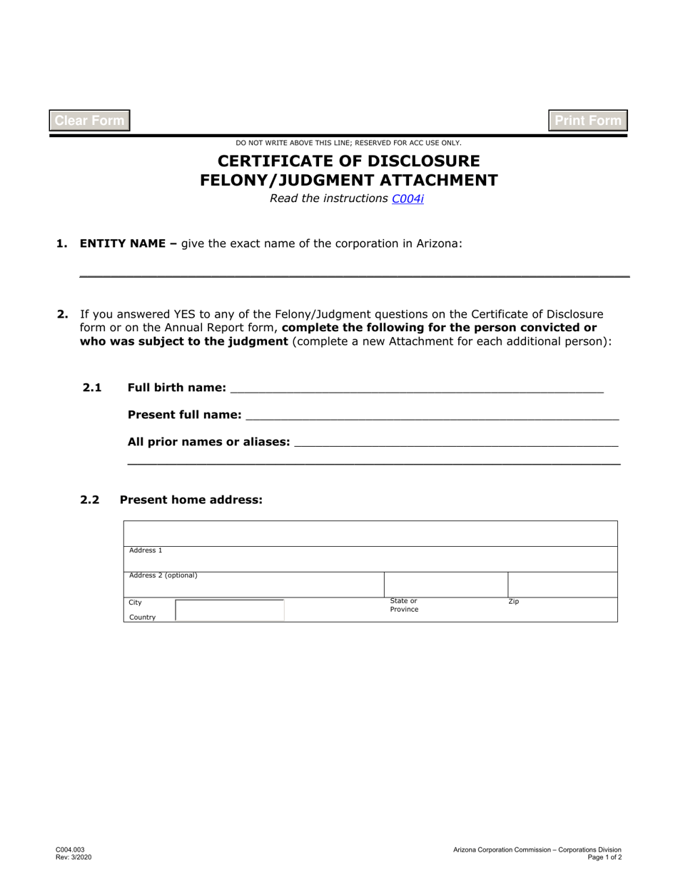 Form C004.003 Certificate of Disclosure Felony / Judgment Attachment - Arizona, Page 1