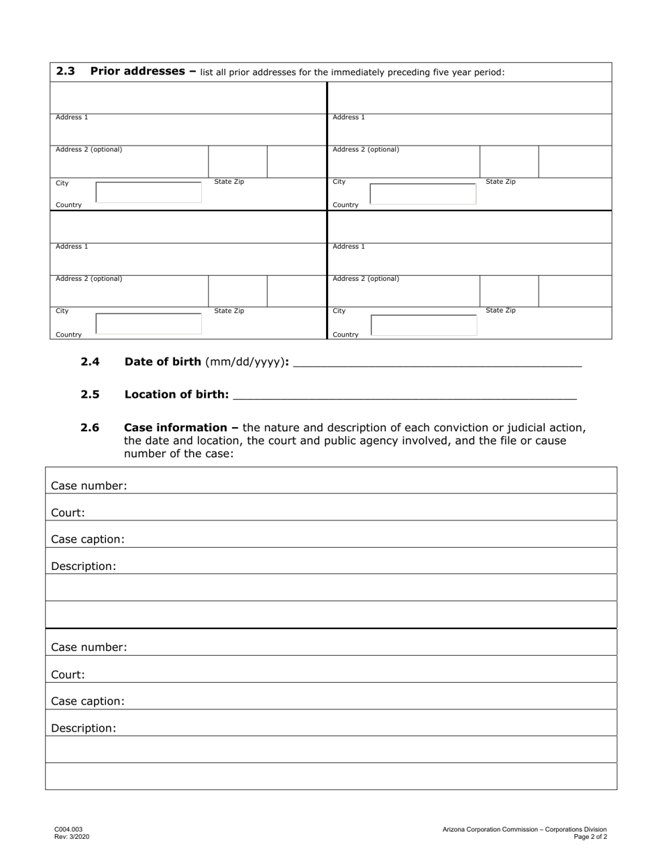 Form C004.003 Certificate of Disclosure Felony / Judgment Attachment - Arizona, Page 2