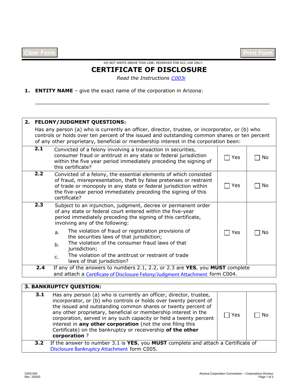 Form C003.004 Certificate of Disclosure - Arizona, Page 1