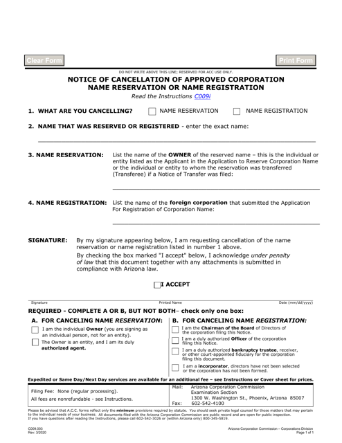 Form C009.003 Notice of Cancellation of Approved Corporation Name Reservation or Name Registration - Arizona