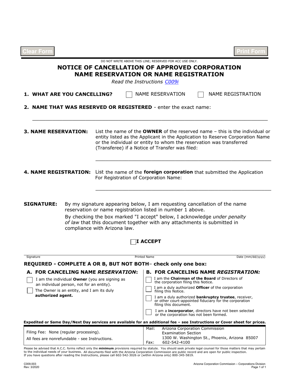 Form C009.003 Notice of Cancellation of Approved Corporation Name Reservation or Name Registration - Arizona, Page 1