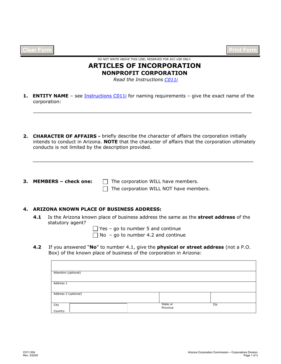 Form C011.004 Articles of Incorporation Nonprofit Corporation - Arizona, Page 1