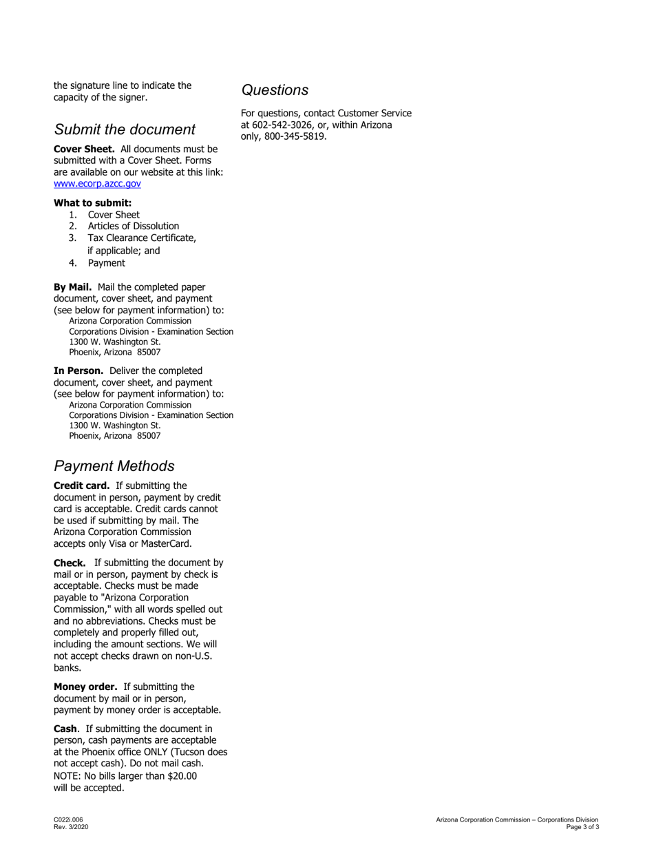Instructions for Form C022.004 Articles of Dissolution - Arizona, Page 3