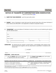 Document preview: Form C008.003 Notice of Transfer of Corporation Name Reservation - Arizona