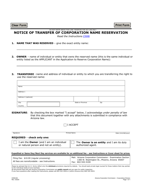 Form C008.003 Notice of Transfer of Corporation Name Reservation - Arizona