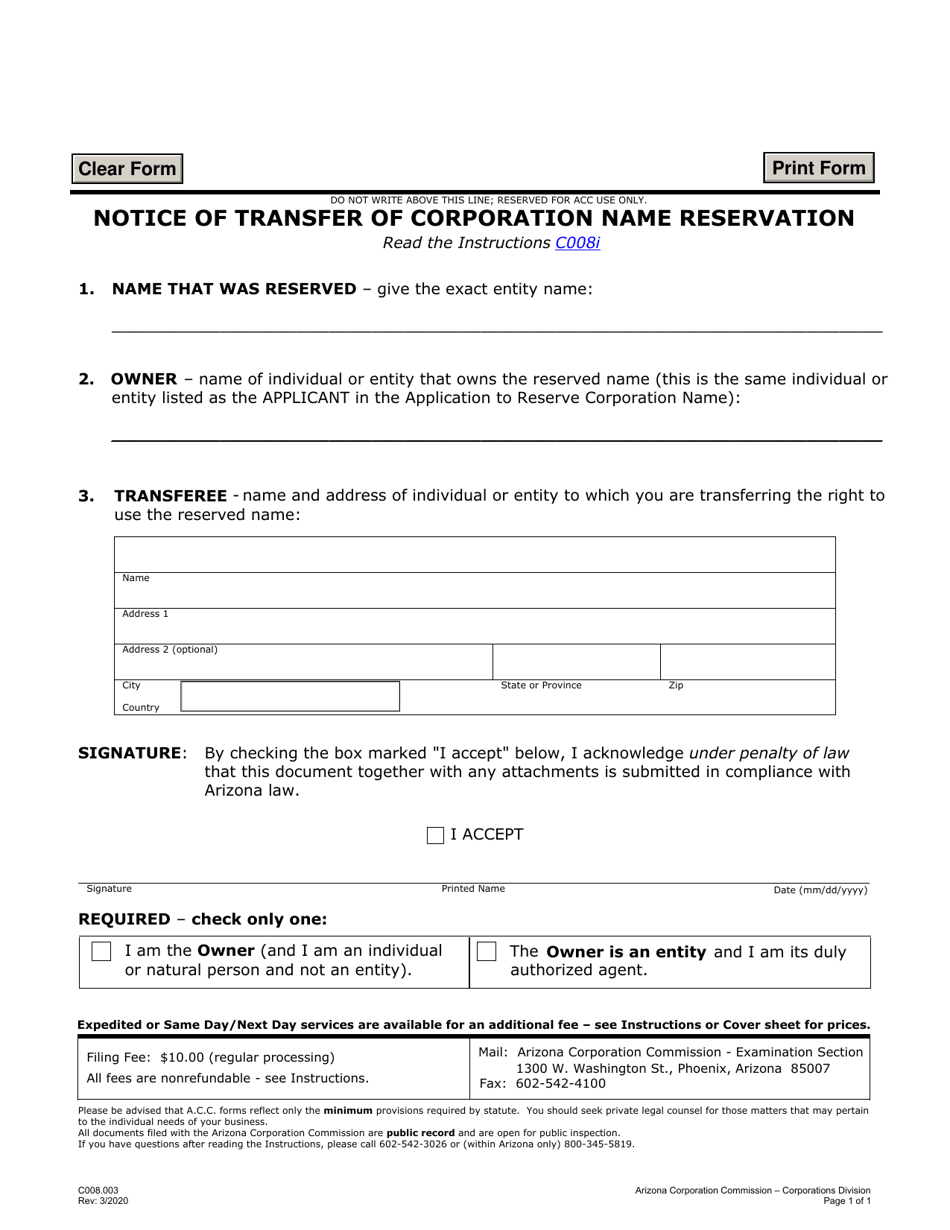 Form C008.003 Notice of Transfer of Corporation Name Reservation - Arizona, Page 1