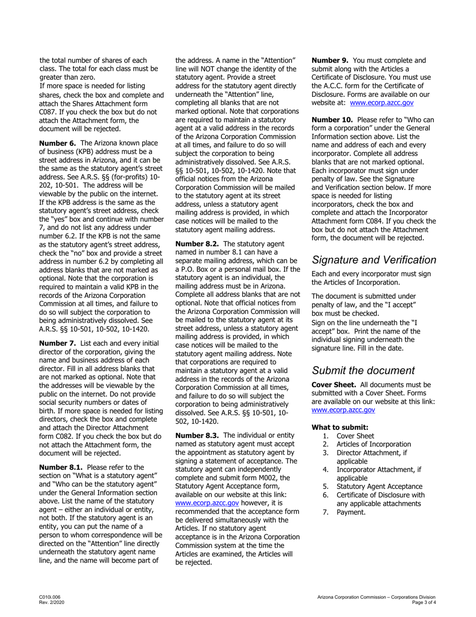 Instructions for Form C010.004 Articles of Incorporation for-Profit or Professional Corporation - Arizona, Page 3