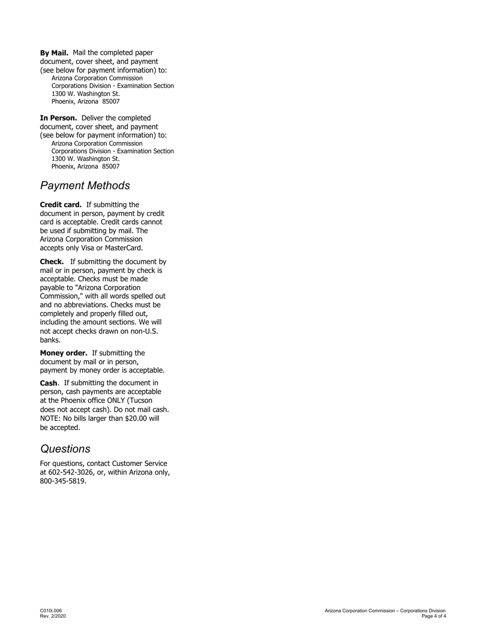 Instructions for Form C010.004 Articles of Incorporation for-Profit or Professional Corporation - Arizona, Page 4