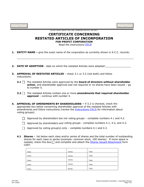 Form C012.003 Certificate Concerning Restated Articles of Incorporation for-Profit Corporation - Arizona